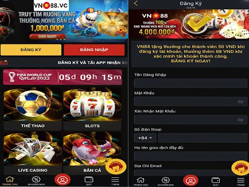 Điền thông tin yêu cầu để đăng ký VN88
